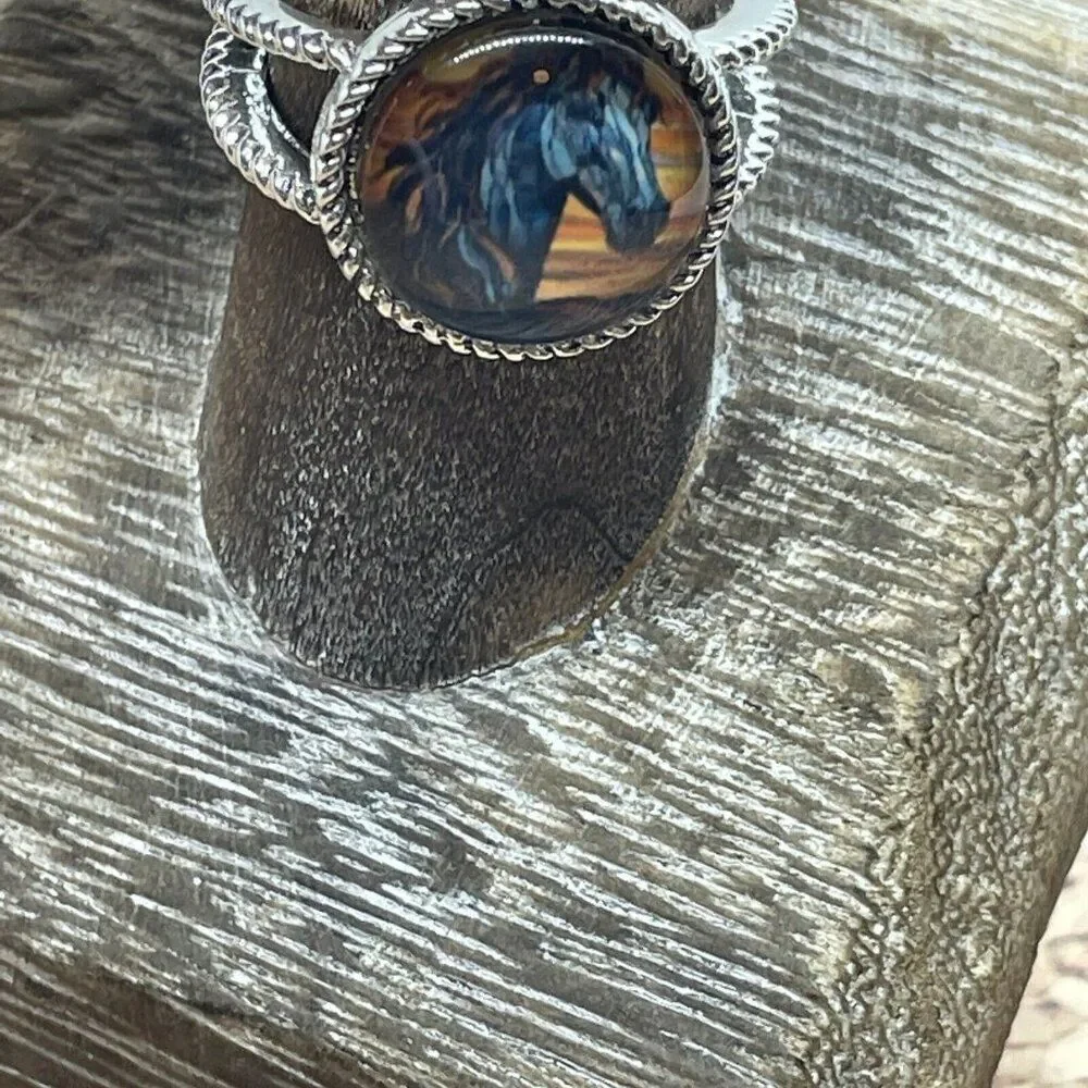 Stained Glass Horse Silver-Tone Ring in Blue and Brown